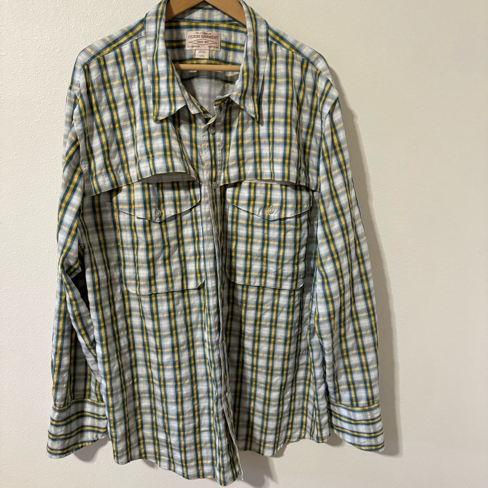 Filson Fishing Long Sleeve Vented Plaid Button Down Shirt Blue Yellow-XXL